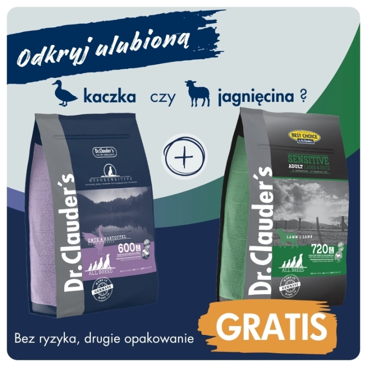 Dr.Clauder's HYPOSENSITIVE ENTE - Karma sucha dla psów KACZKA & ZIEMNIAKI 3,5kg + JAGNIĘCINA & RYŻ 4kg GRATIS