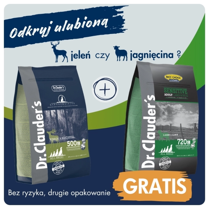 Dr.Clauder's HYPOSENSITIVE HIRSCH & KARTOFFEL - Karma sucha - JELEŃ & ZIEMNIAKI ZIEMNIAKI - 3,5kg + JAGNIĘCINA & RYŻ 4kg GRATIS