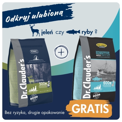 Dr.Clauder's HYPOSENSITIVE HIRSCH &amp; KARTOFFEL - Karma sucha - JELEŃ &amp; ZIEMNIAKI ZIEMNIAKI - 3,5kg + RYBY &amp; RYŻ 4kg GRATIS
