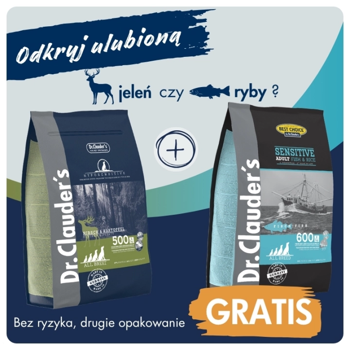 Dr.Clauder's HYPOSENSITIVE HIRSCH &amp; KARTOFFEL - Karma sucha - JELEŃ &amp; ZIEMNIAKI ZIEMNIAKI - 3,5kg + RYBY &amp; RYŻ 4kg GRATIS