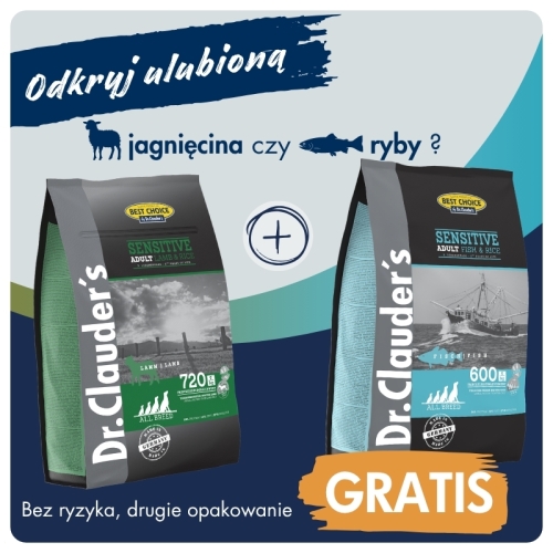 Dr.Clauder's SENSITIVE LAMB & RICE - Karma sucha - JAGNIĘCINA & RYŻ 4 kg + RYBY & RYŻ 4kg GRATIS.