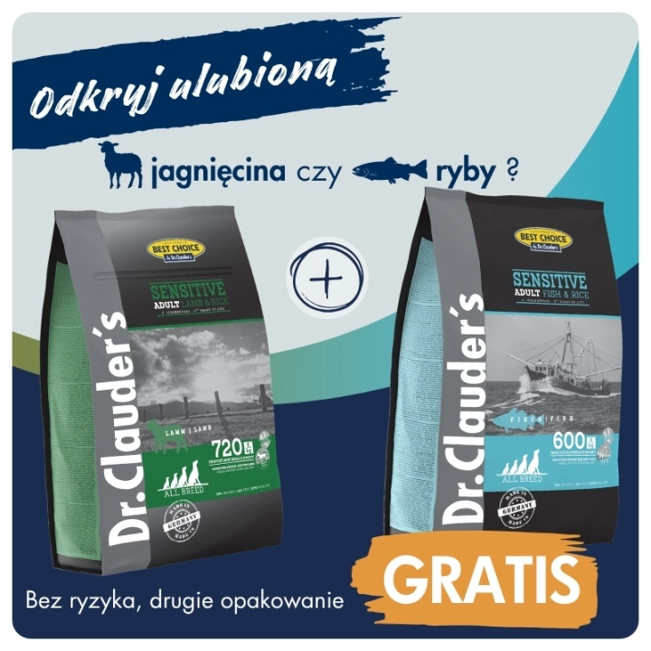 Dr.Clauder's SENSITIVE LAMB & RICE - Karma sucha - JAGNIĘCINA & RYŻ 4 kg + RYBY & RYŻ 4kg GRATIS.